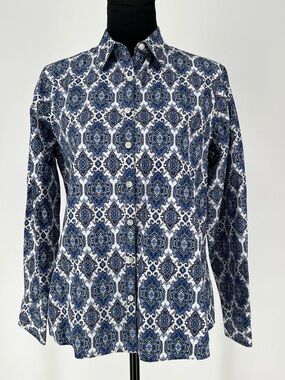 LANDS’END Blue and White Medallion Button-Up Shirt - 100% Cotton